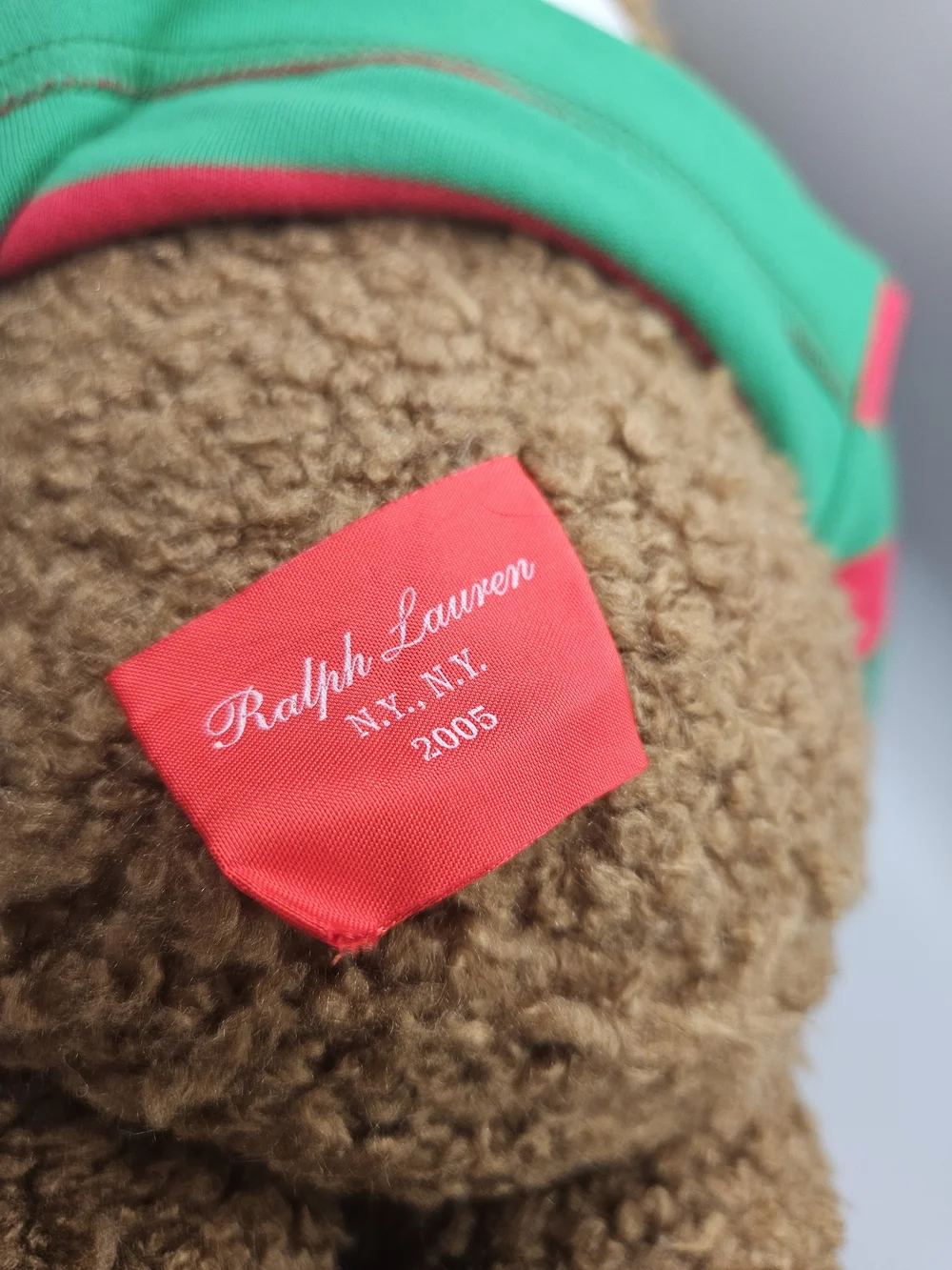 2005 Ralph Lauren Teddy Bear Plush Green Red Rugby Stripe Polo Shirt 14